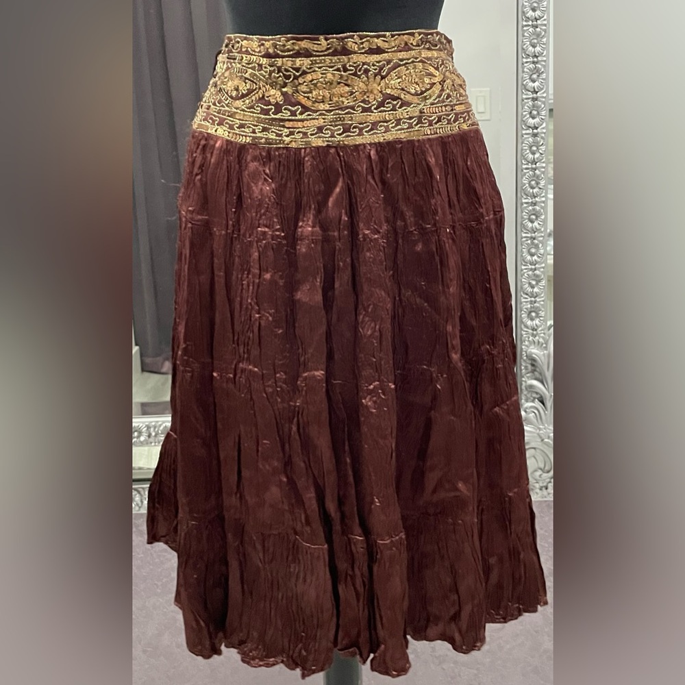 Cache Silk Crinkle Boho Sequin Waist Skirt